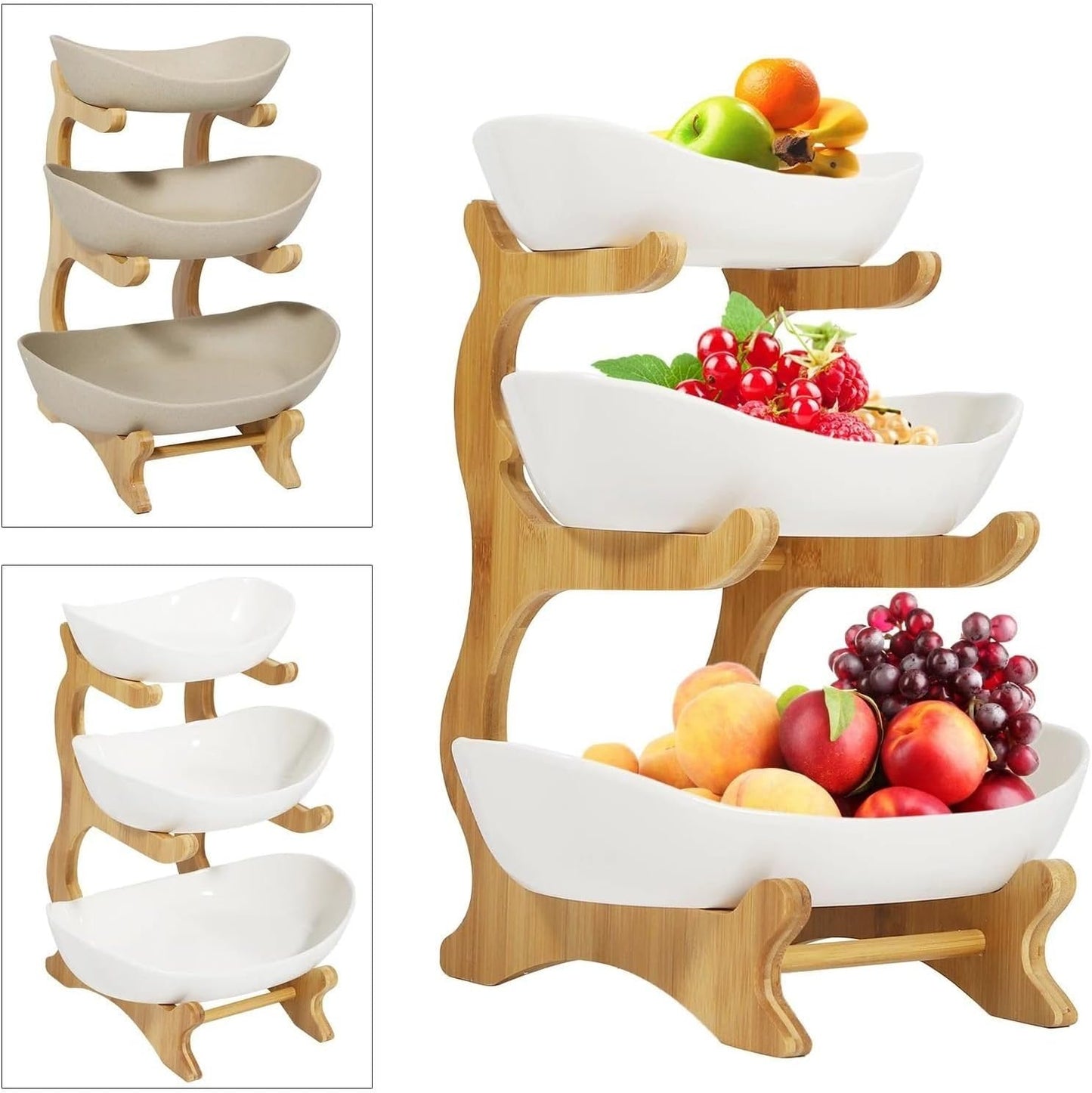 Premium Obstschale Keramik und Holz | Obst Etagere 3 stöckig | Obstkorb groß | Design-Früchteschale mehrstöckig (Braun)