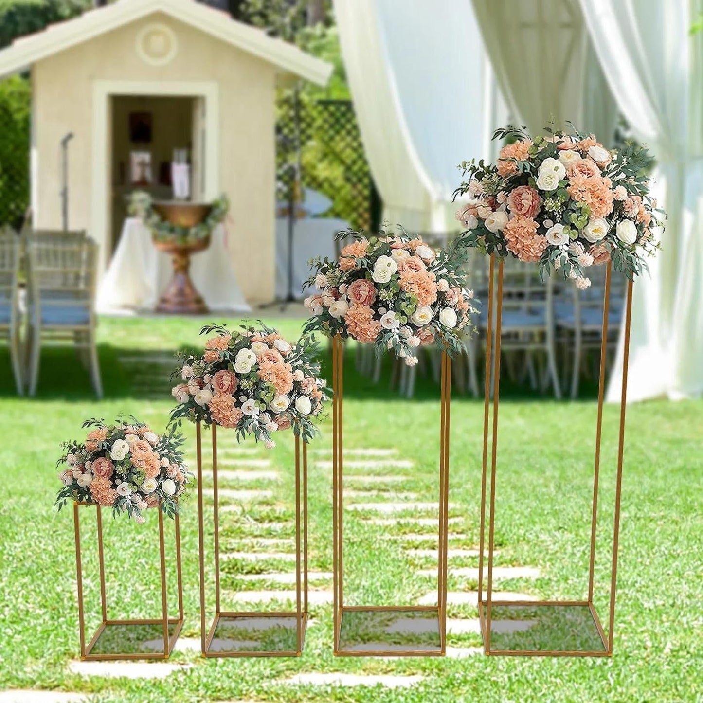 Blumenständer Hochzeit Gold | Blumensäule 40, 60, 80, 100 cm hoch | Metall-Pflanzenständer modern eckig (10x (80 cm))