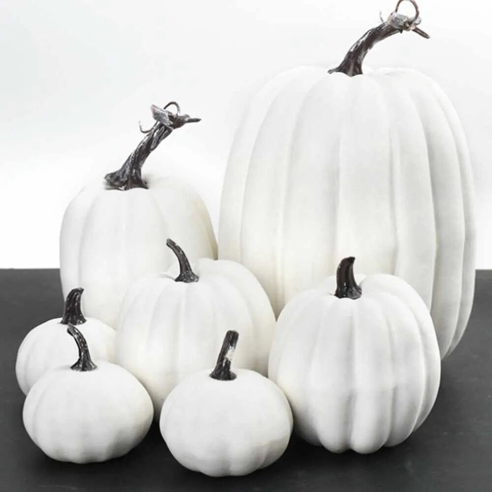 Kürbis Deko Plastik Herbst Halloween | Weiß & Orange | Set aus 7 Kürbissen groß & klein