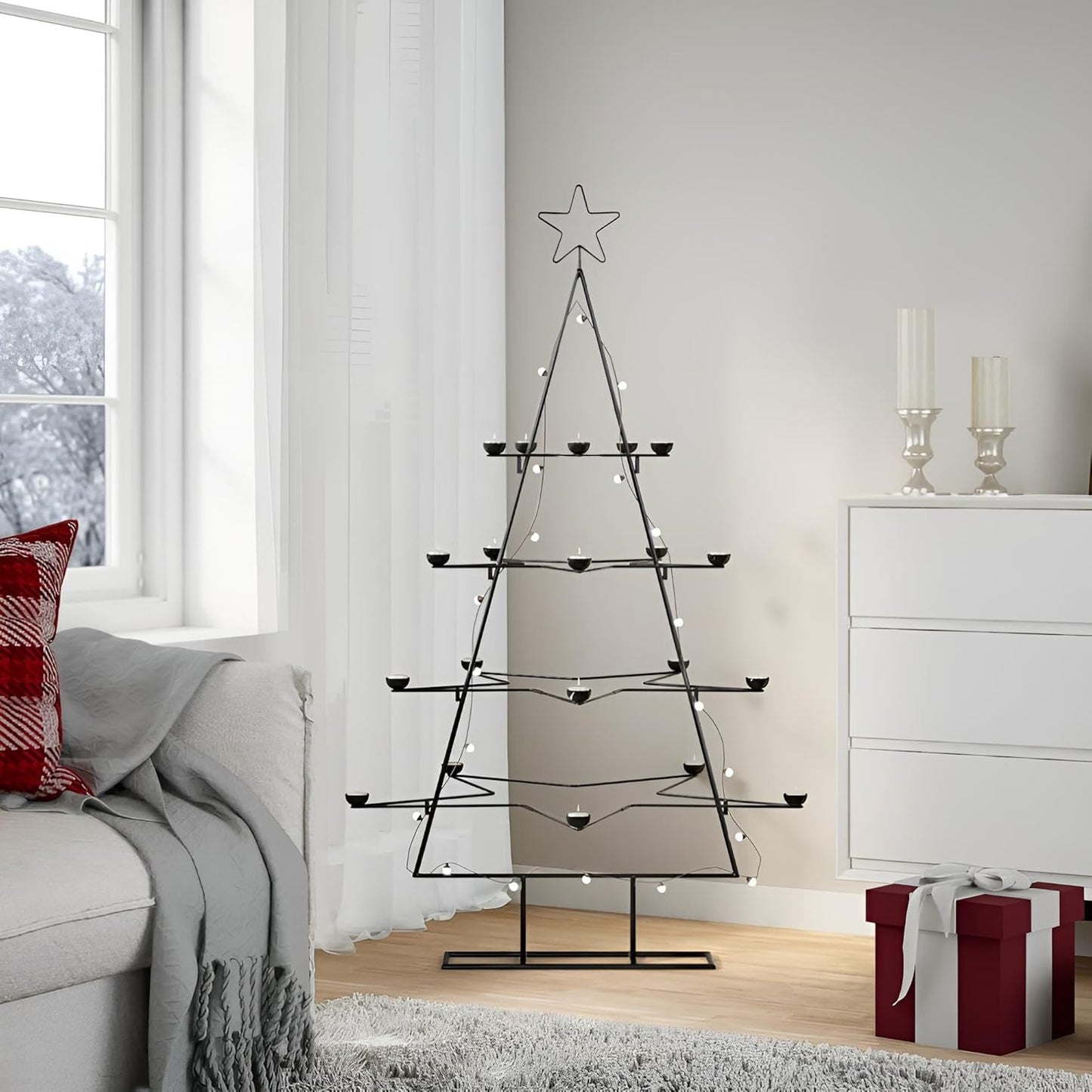 Metall Weihnachtsbaum mit Teelichthaltern | 140 cm Metallgestell modern Schwarz mit Kerzenhaltern | Weihnachtsdeko Metallbaum für 20 Kerzen